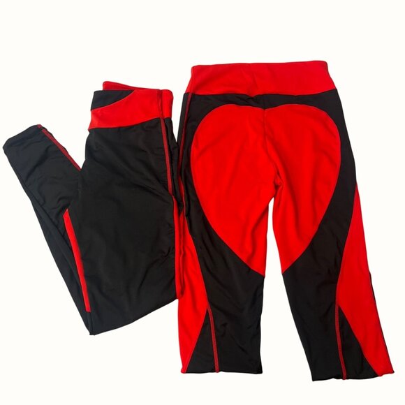2 Pairs of Black Red Heart Shaped Butt Colorblock Athletic Leggings Size Small - Picture 2 of 6